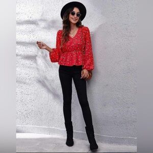 4/$25*Hollister, featuring a V-neck, peplum hem, and long flared sleeves. L